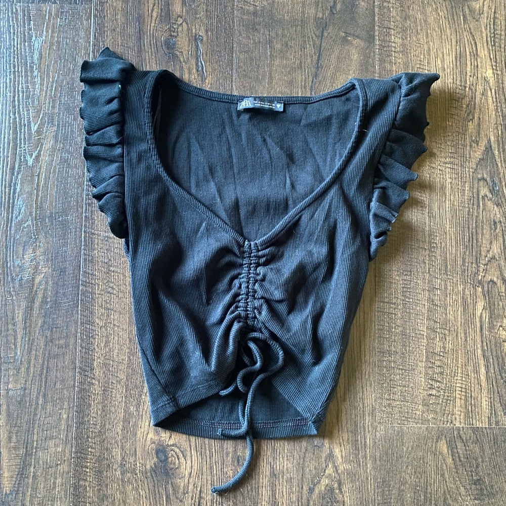 zara black ruffled v neck ribbed women’s small cotton crop top